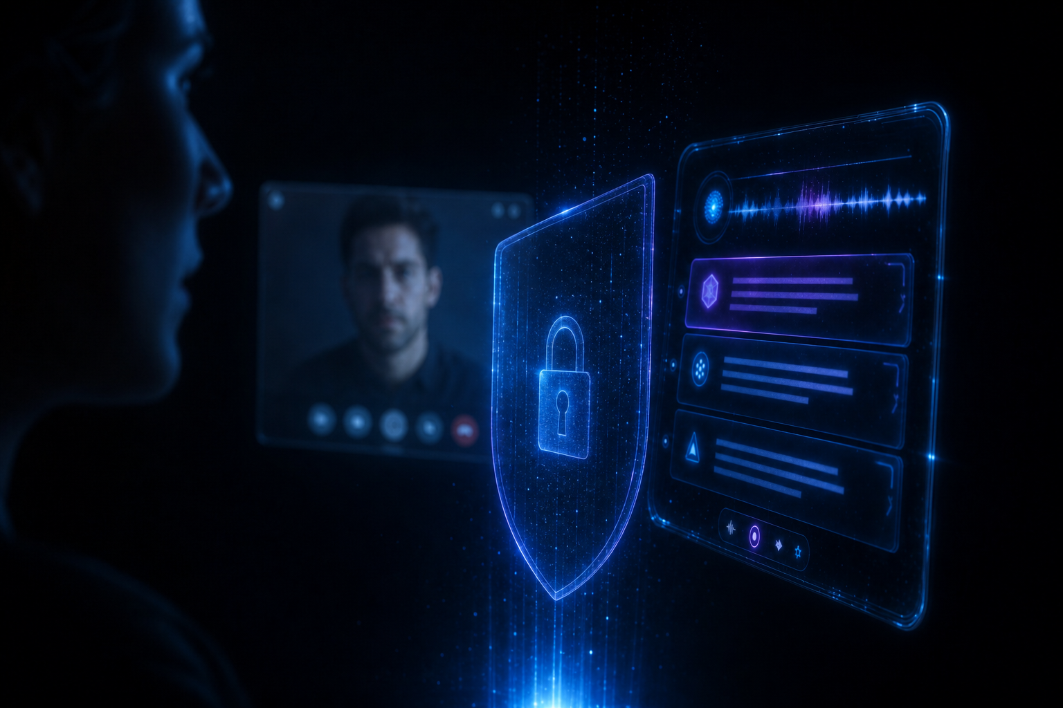 A discreet copilot panel beside a video call, guarded by a privacy shield