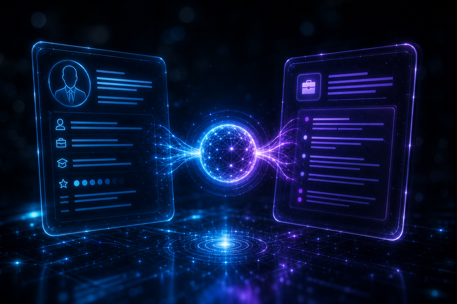 A resume and job description linked by data streams to an AI core